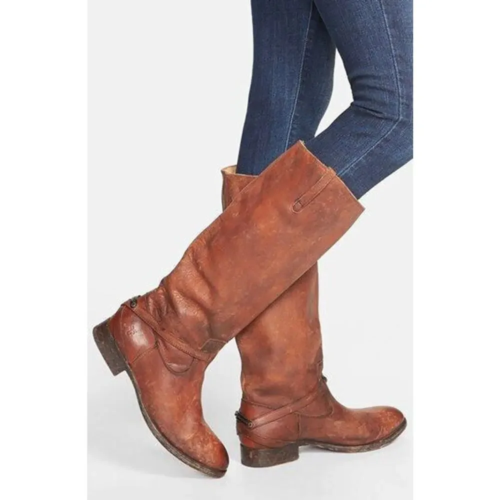 FRYE Lindsay Plate Distressed Leather Tall Riding Boots 76975 Brown Size 7 B - Picture 1 of 16